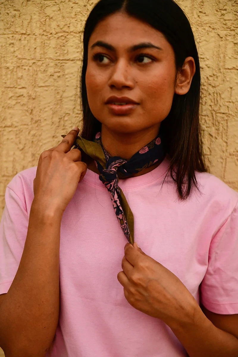 Foulard indien bleu kaki rose