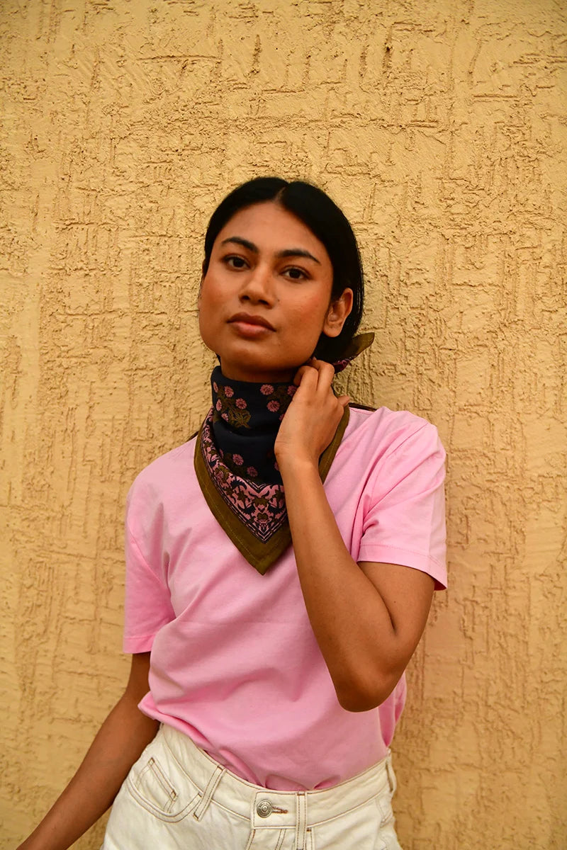 Foulard indien bleu kaki rose