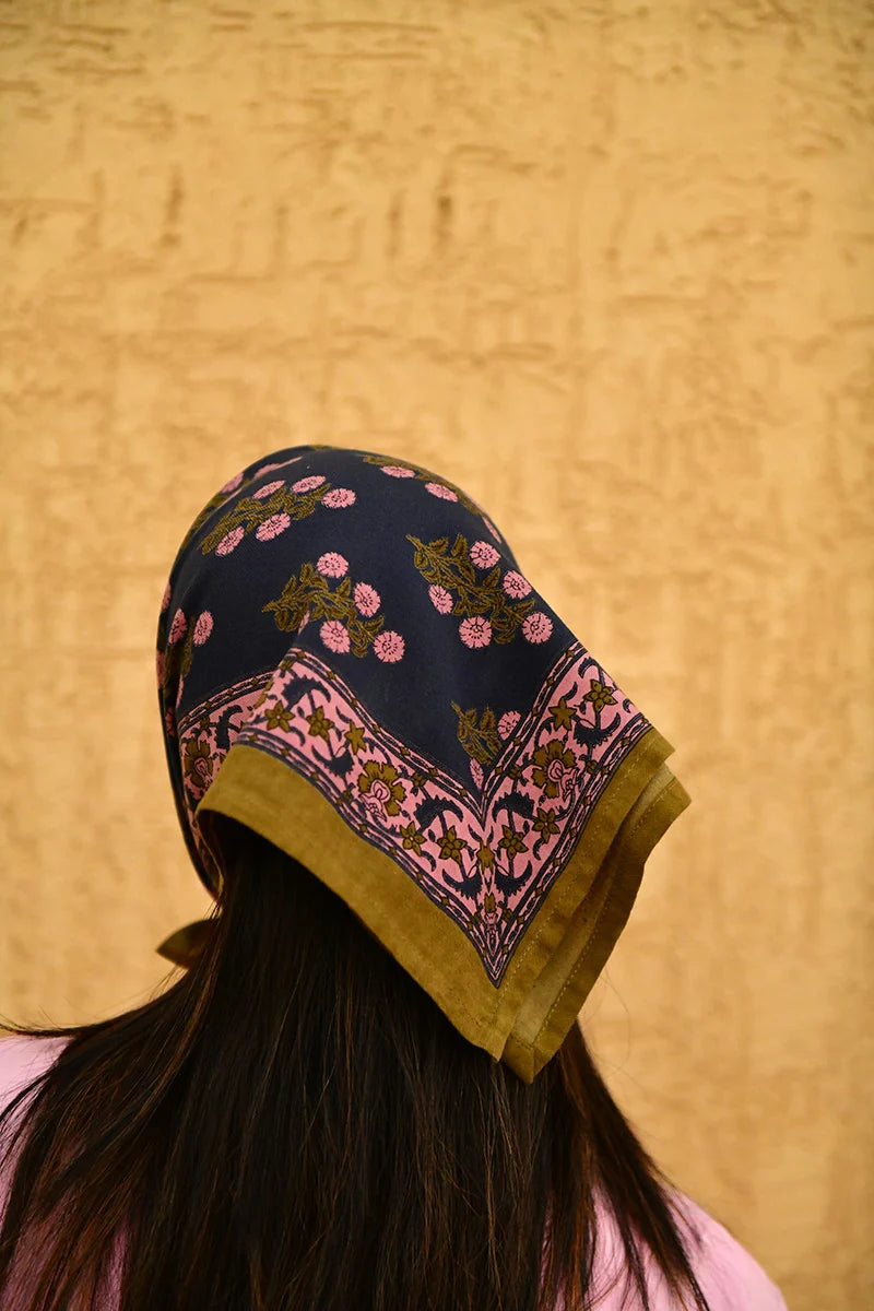 Foulard indien bleu kaki rose