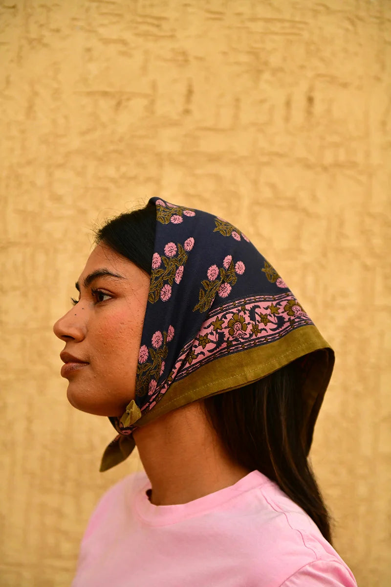 Foulard indien bleu kaki rose