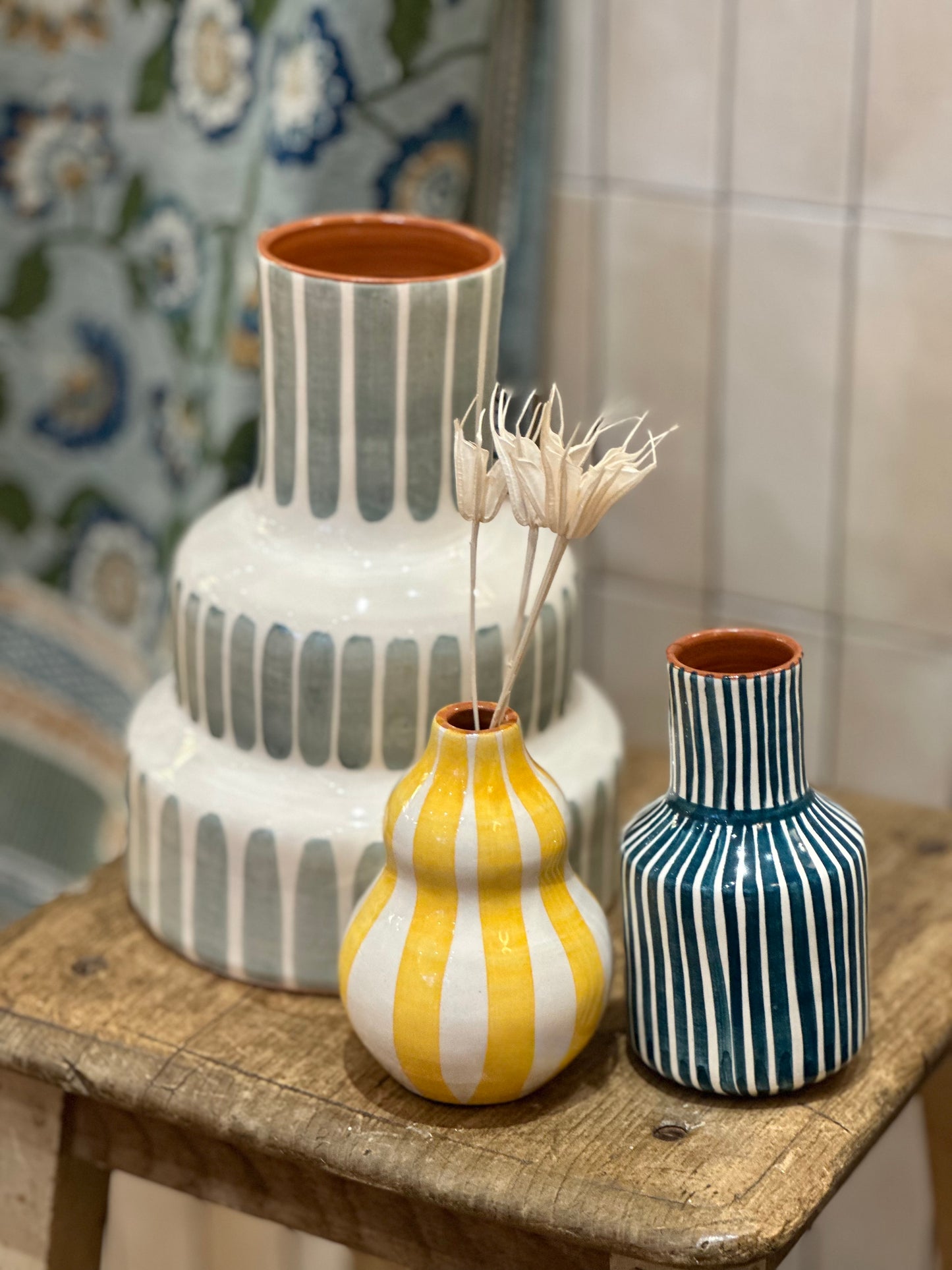 Vase rayure sauge L