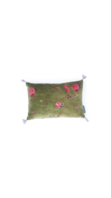 Coussin mini à fleurs velours kaki