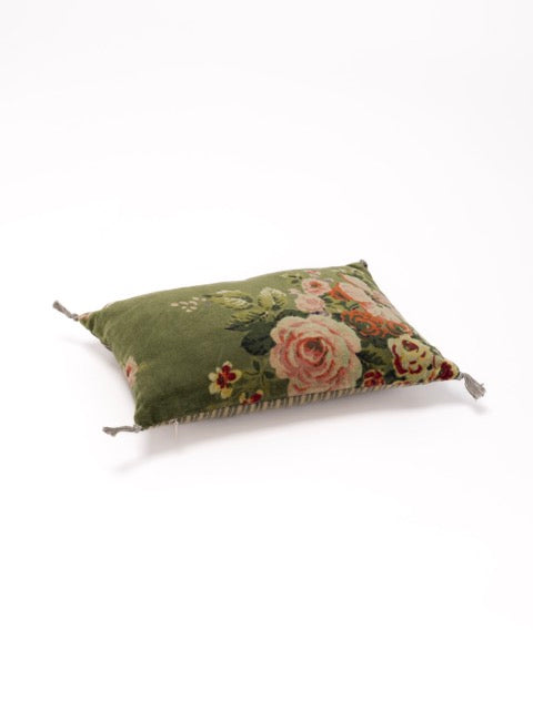 Coussin mini à fleurs velours avocat