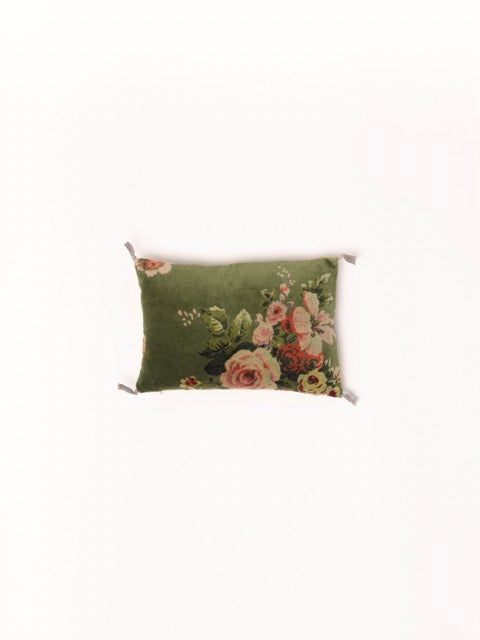 Coussin mini à fleurs velours avocat