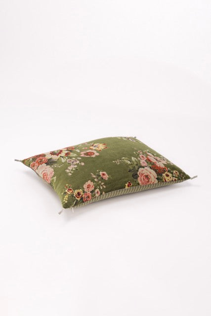 Coussin à fleurs velours avocat