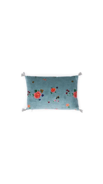 Coussin mini à fleurs velours ciel