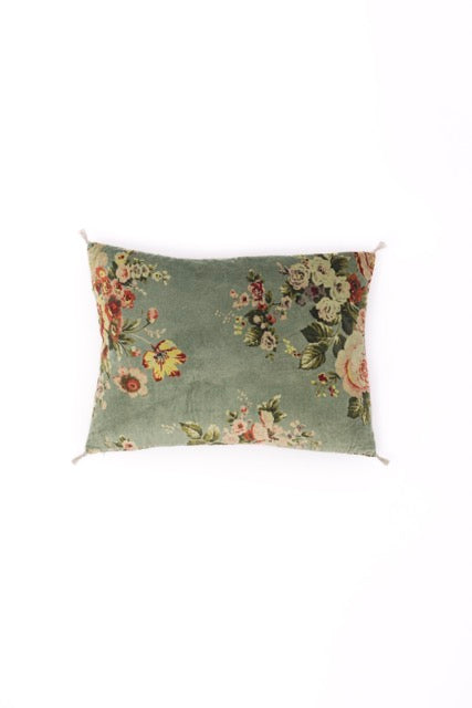 Coussin à fleurs velours jade