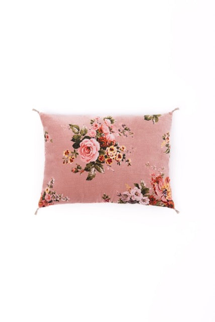 Coussin à fleurs velours rose poudre