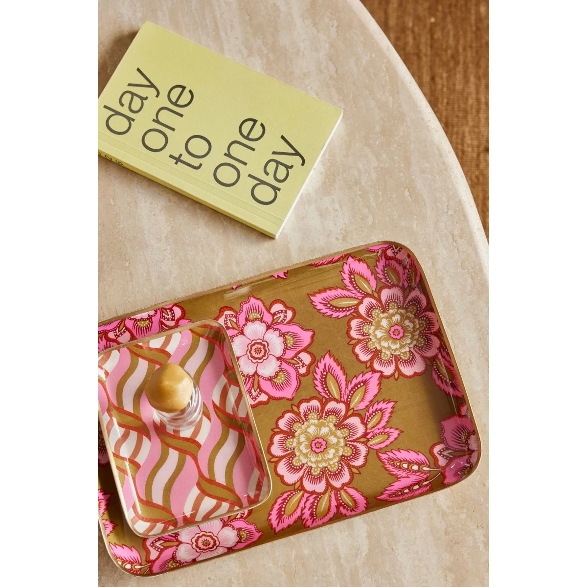 Plateau fleurs kaki rose