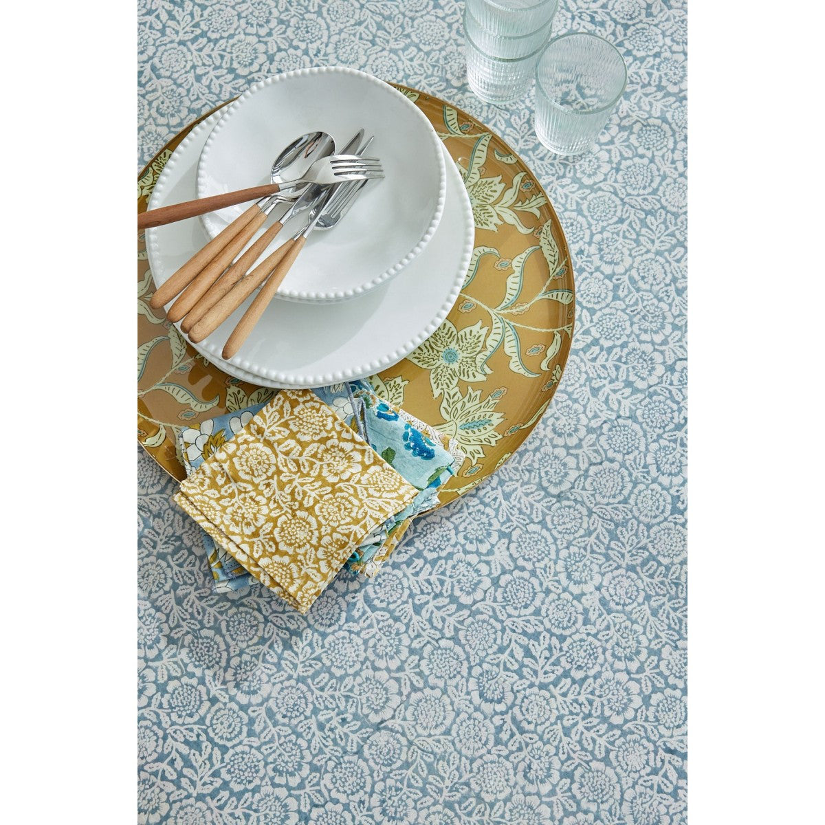 Nappe à fleurs bleu gris
