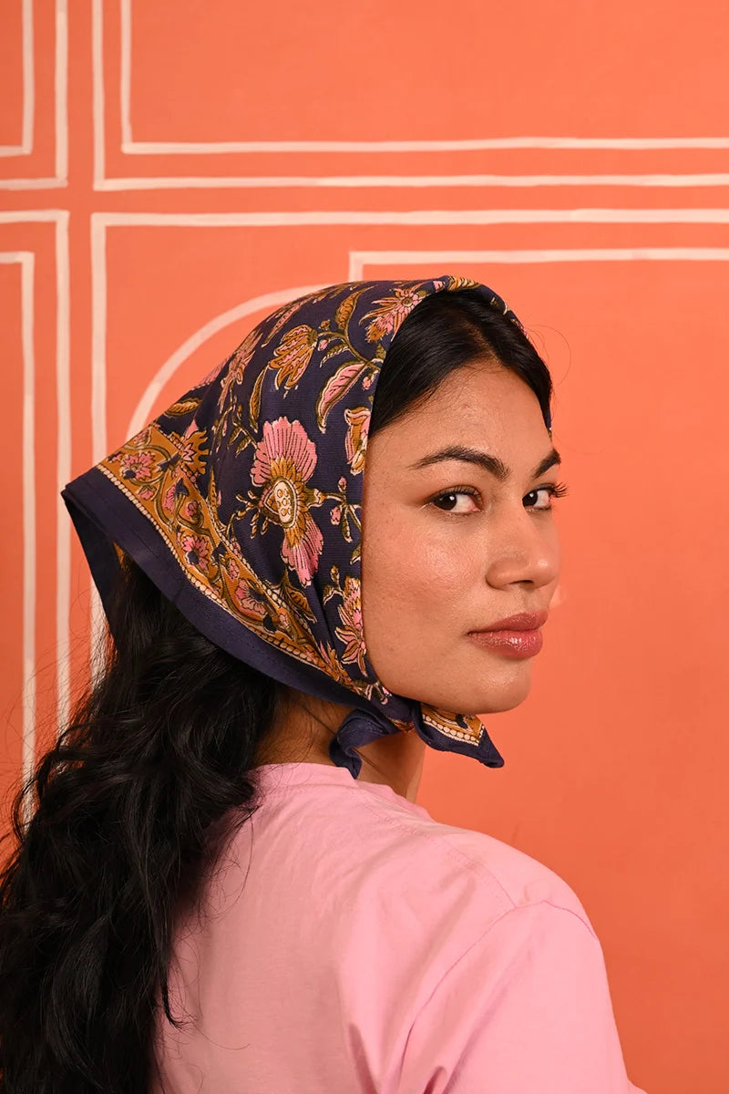 Foulard indien bleu ocre rose